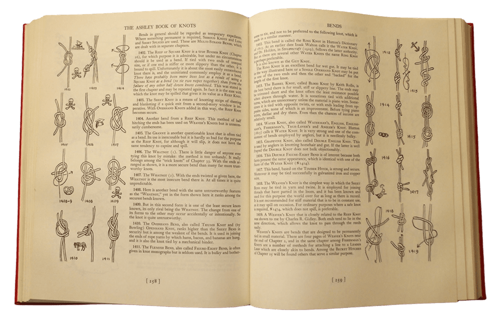 The Ashley Book of Knots, de Clifford W. Ashley. Portada y página interior mostrando las más de 7.000 ilustraciones originales del autor que documentan cerca de 3.900 nudos.