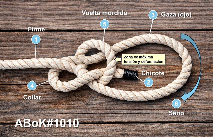  Anatomía del as de guía (ABoK #1010), mostrando las partes que conforman su estructura y la zona de mayor tensión bajo carga.