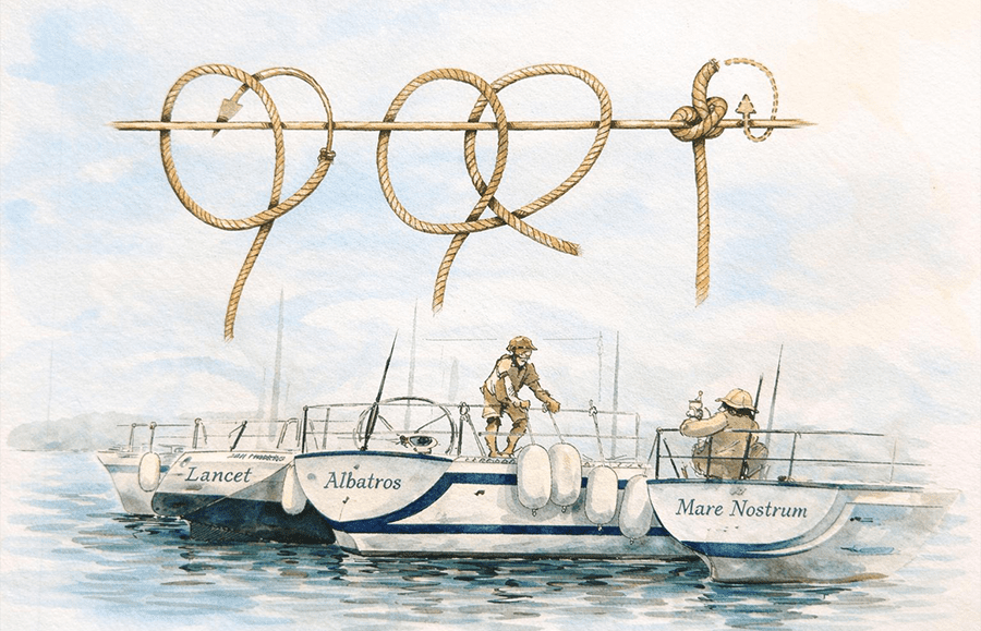 Ballestrinque en uso a bordo, amarrando defensas en veleros Lancet, Albatros y Mare Nostrum