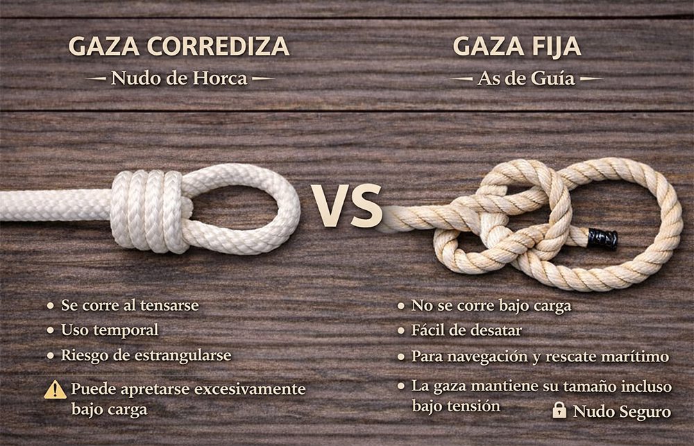 Diagrama comparativo gaza corrediza vs. gaza fija (As de Guía).