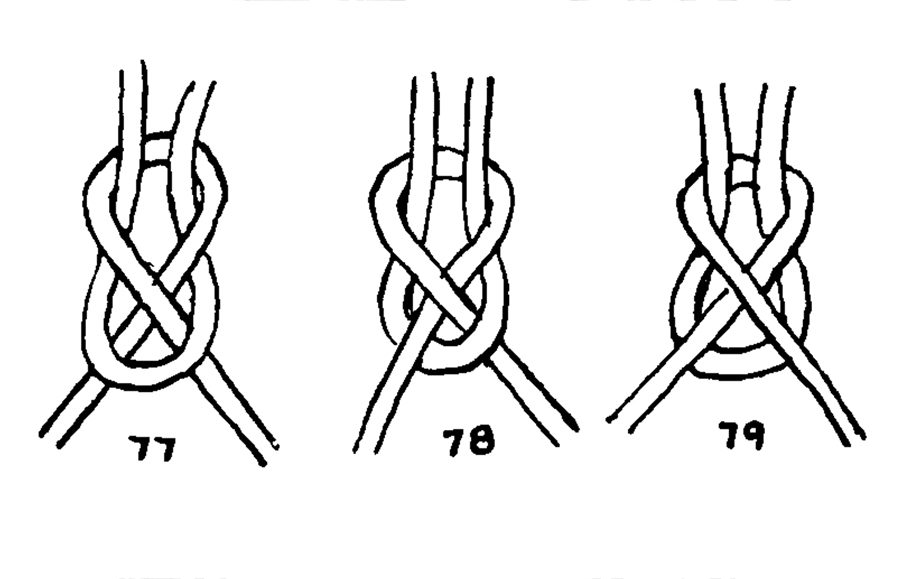 Ilustraciones originales de Ashley (ABoK, página 18): #77 nudo llano, #78 vuelta de escota, #79 un cruce invertido y no queda nudo — los cabos se separan.