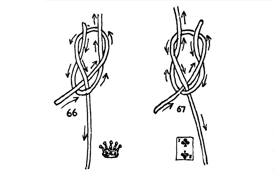 Ilustraciones originales de Ashley (ABoK, página 16): #66, vuelta de escota con buen nip; #67, vuelta de escota zurda con mal nip.
