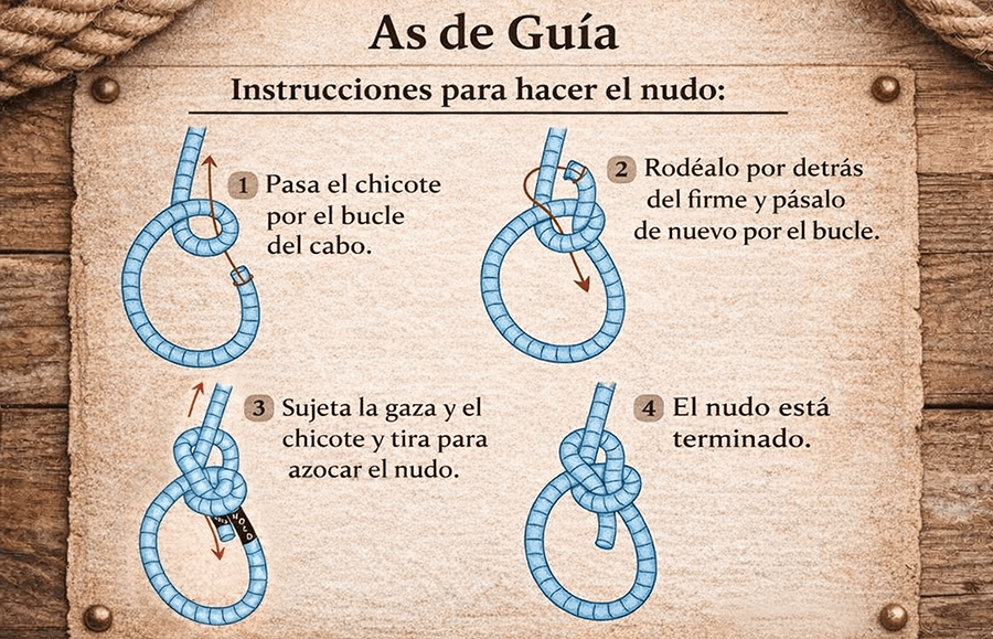 Secuencia paso a paso para realizar el nudo As de Guía.
