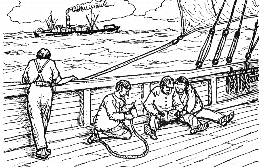 Ilustración original de Clifford W. Ashley (ABoK, página 4): marineros aprendiendo cabuyería en cubierta, con la jarcia y el mar de fondo.