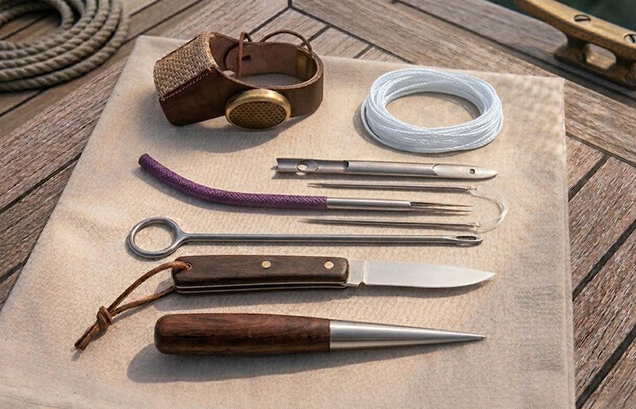 Este es el equipo mínimo de herramientas paara faenas marineras. No más que un pequeño talegón —o incluso menos— como el que se muestra en la figura.