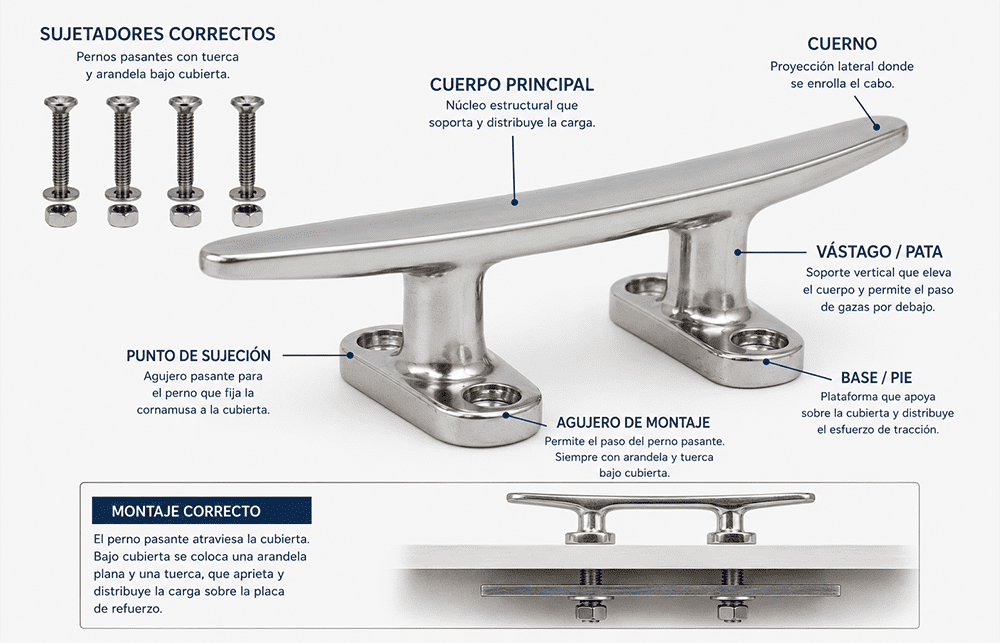 Anatomía completa de una cornamusa de acero inoxidable: cuerpo principal, cuernos, vástago, base, agujeros de montaje y detalle de montaje correcto con pernos pasantes