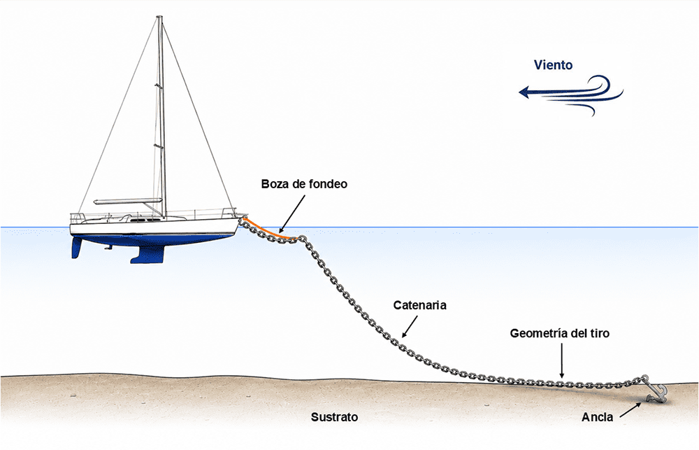 Diagrama del sistema completo de fondeo mostrando ancla, cadena, catenaria y boza