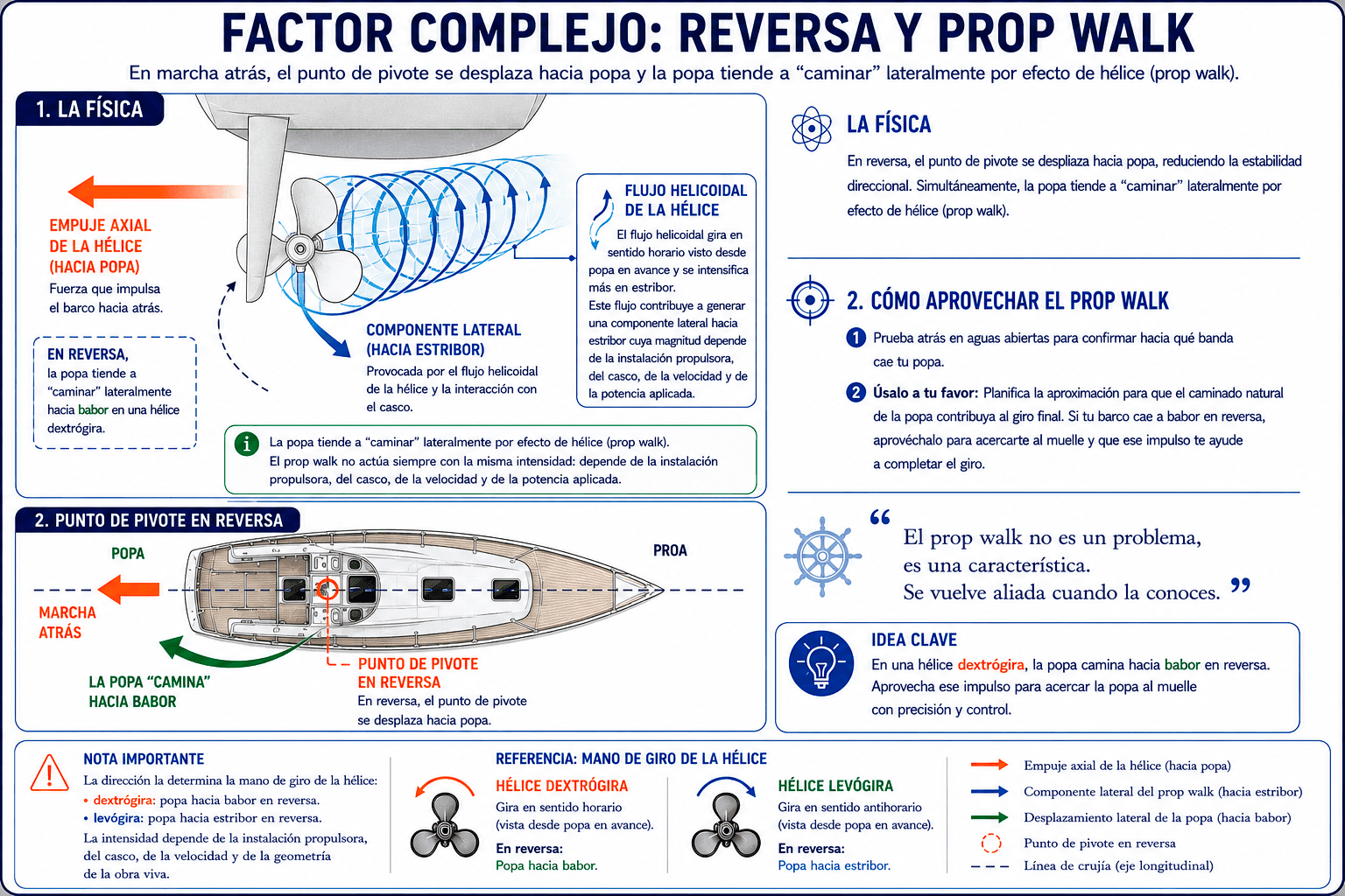 Infografía del efecto de hélice, prop walk y desplazamiento del punto de pivote en marcha atrás