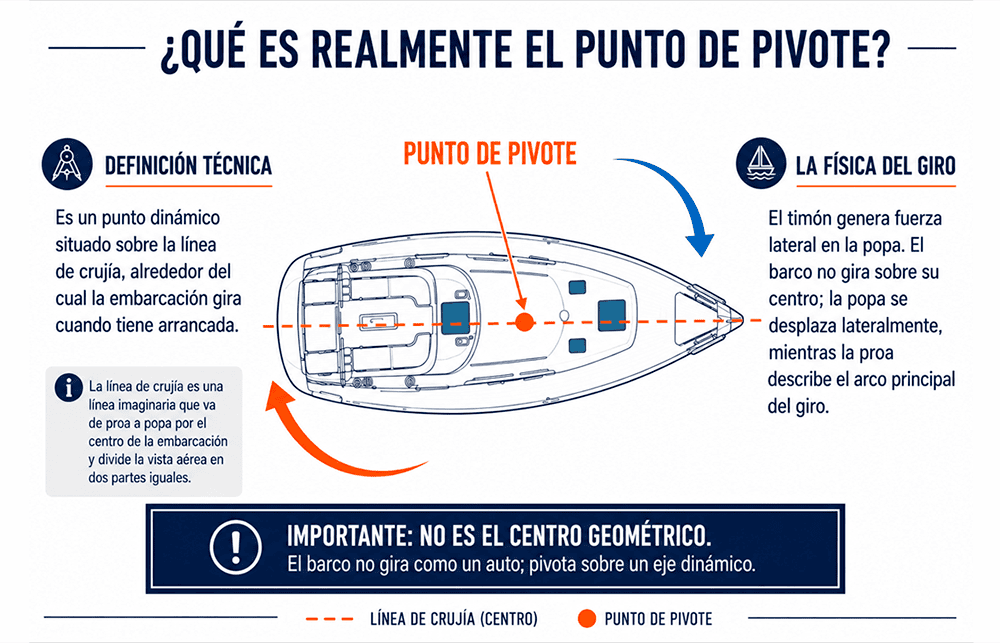 Infografía que explica el punto de pivote de una embarcación y su relación con la física del giro