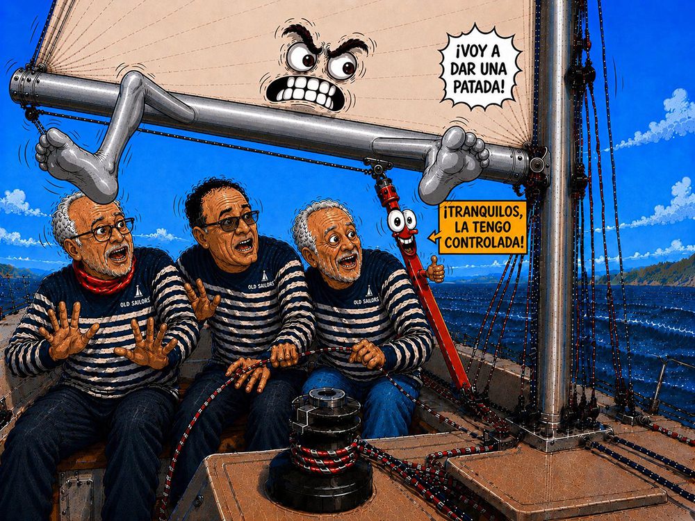 Caricatura: el boom vang (kicking strap) bajo control durante una racha, con Los Old Sailors a bordo