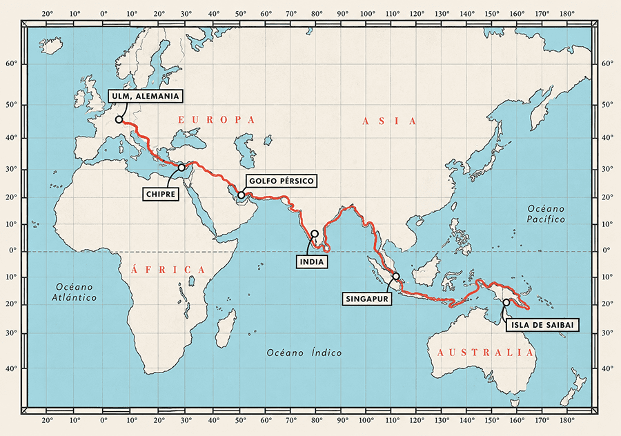 Mapa de la travesía de Oskar Speck desde Ulm hasta el estrecho de Torres en Australia