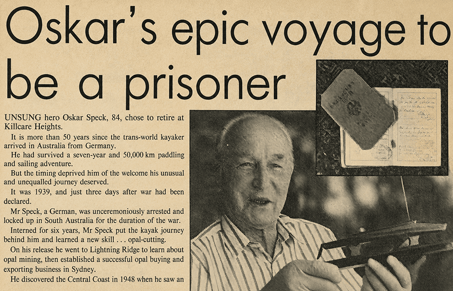 Recorte de prensa australiano sobre Oskar Speck, con su retrato de anciano y el titular sobre su viaje y arresto