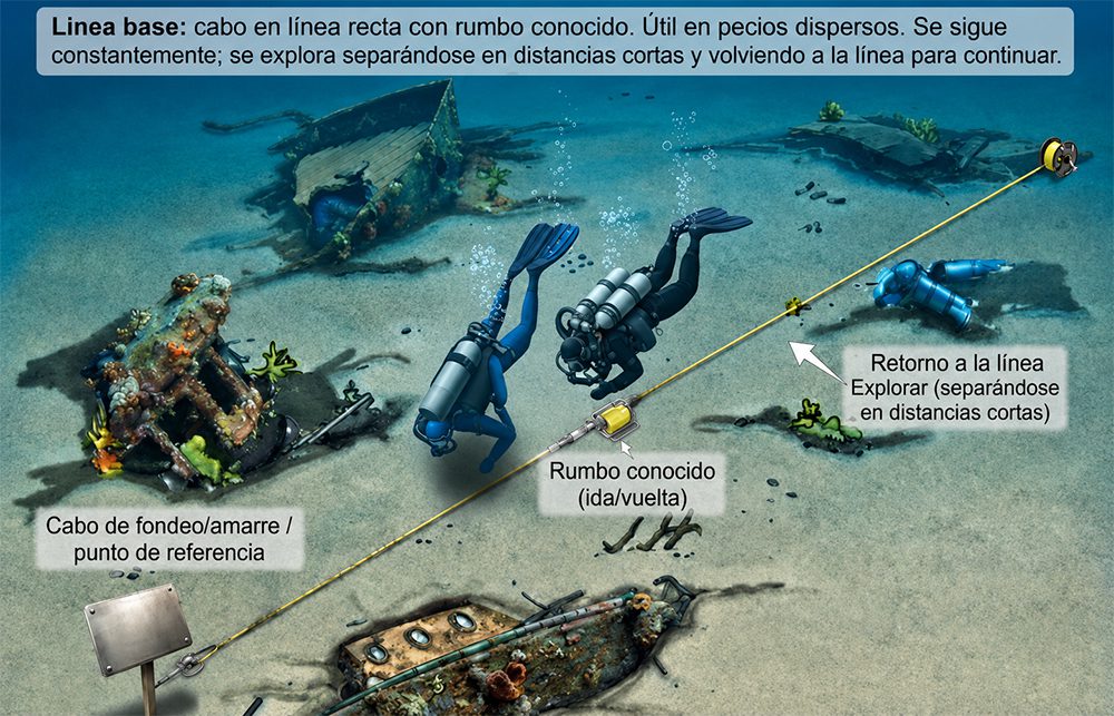 Cabo de línea base tendido a través de un naufragio como referencia de retorno