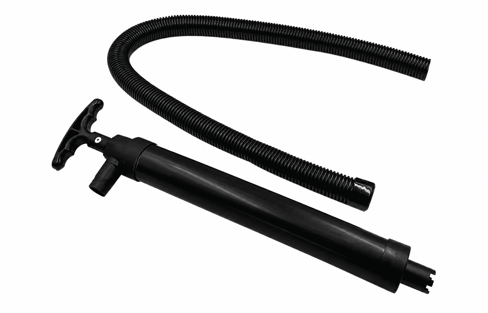 Bomba de achique manual portátil tipo émbolo, de plástico negro, con mango en T y manguera corrugada flexible de descarga, sobre fondo blanco.